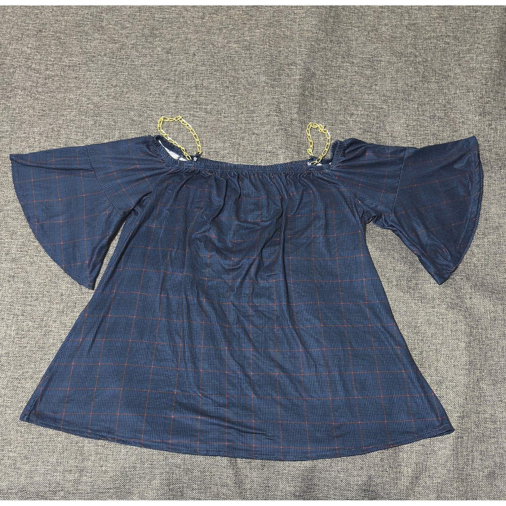 First Love‎ Women's L Off Shoulder Top Blue Plaid Bell Sleeve Gold Chain Detail